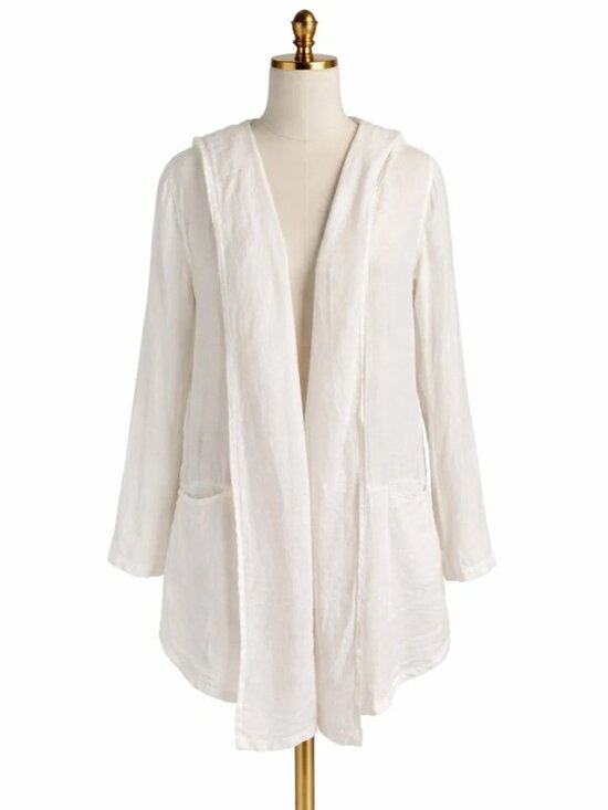 Click Sweaters - Click by Color Me Cotton White 100% Linen Hooded Open Front Cardigan Jacket XS